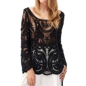 Gorgeous Black Long Sleeve Crochet Lace Scoop Neck Top